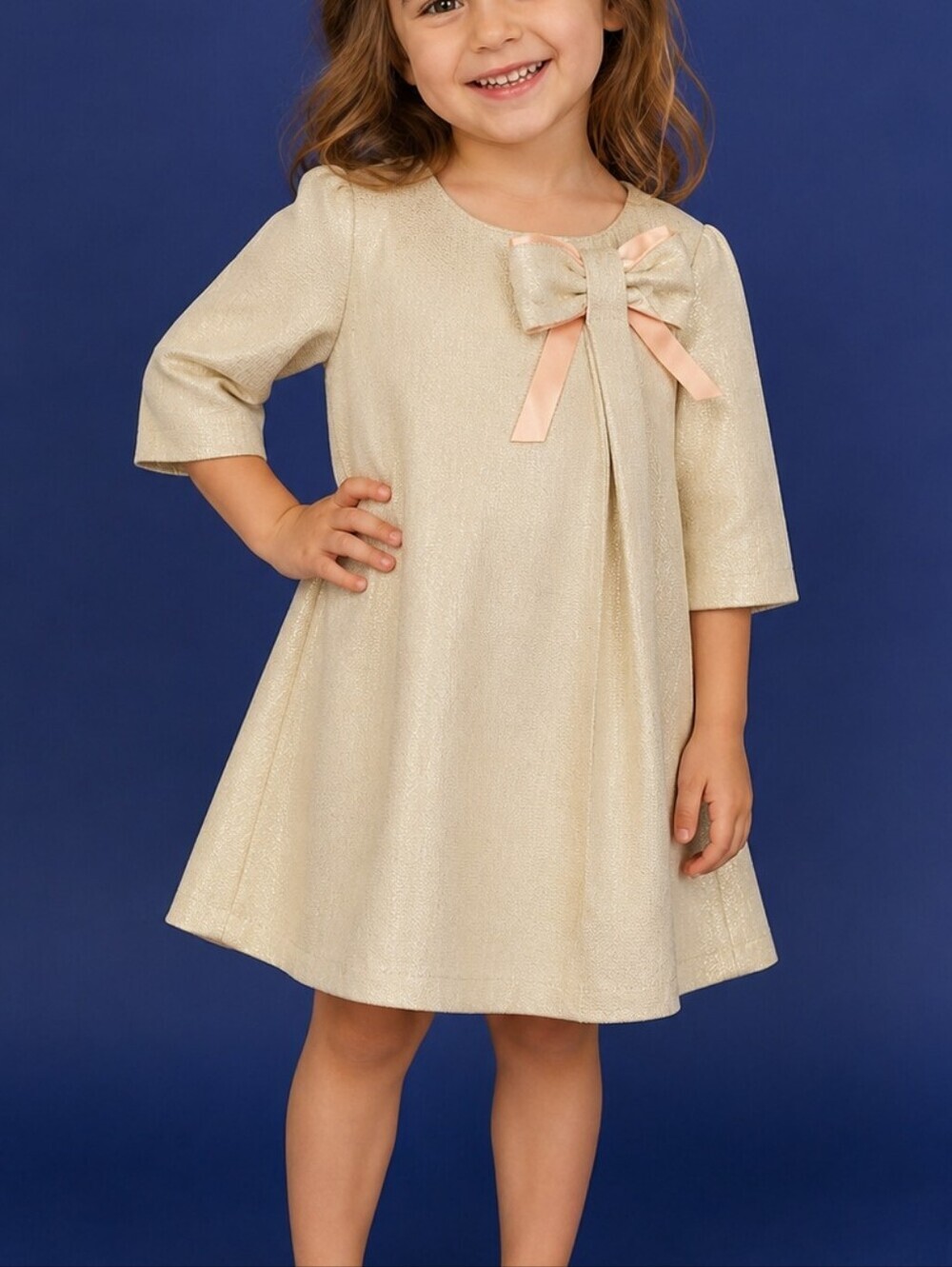 TAHARI Cream and Tan Metallic Herringbone Pink Bow Dress 5T